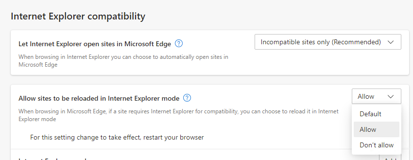 Edge Setttings Default Browser Allow sites to be relaoded in Internet Exxplorer mode